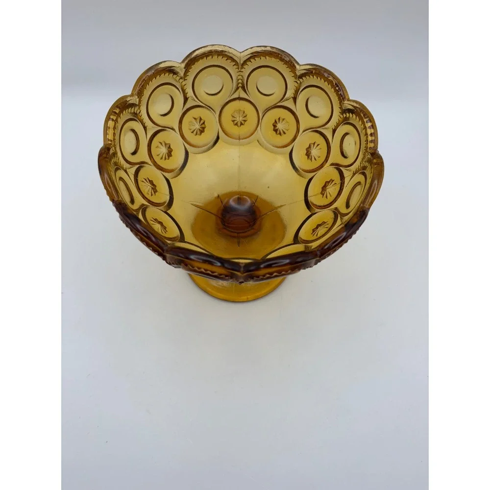 Vintage LE Smith Amber Glass Moon & Star Pedestal Compote Candy Dish Celestial